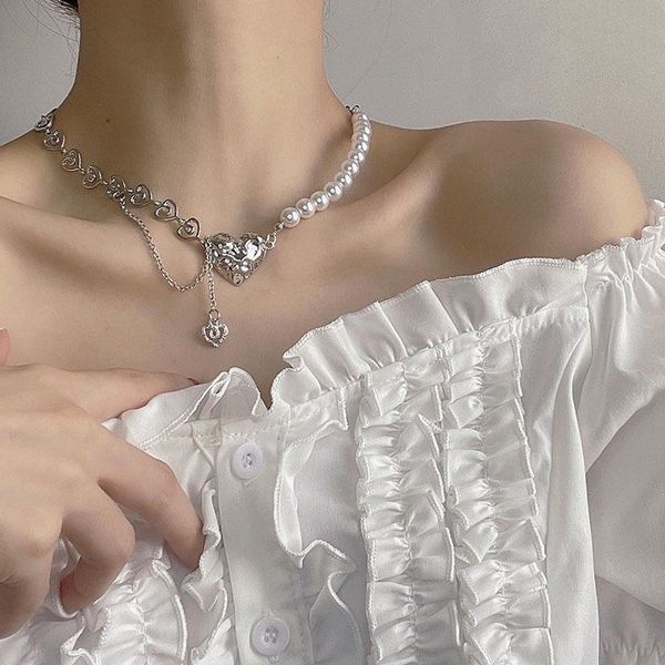 Colliers pendentifs Collier de perles en plusieurs parties en forme de coeur Collier de perles d'eau douce Baroque Irrégulier Pêche Coeur Twin Clavicle ChainPendentif