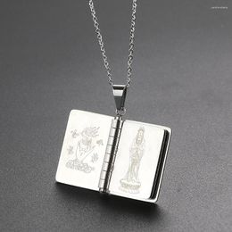 Pendentif Colliers Coeur Sutra Livre Collier Laser Graver Titane Acier Six Caractères Mantra Arya Avalokitesvara Charme Amulette Bouddhiste