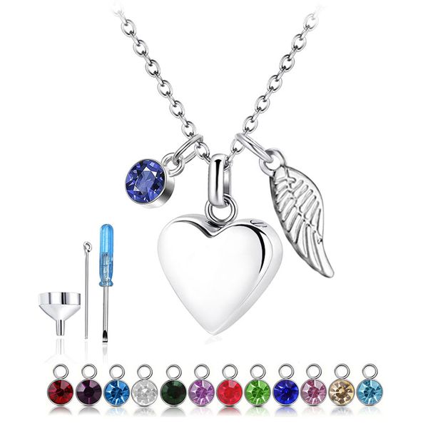 Colliers pendentif coeur avec ailes d'ange et pierre de naissance pendentif collier urne de crémation bijoux de mode souvenir mémorial pour les cendres d'animaux humains