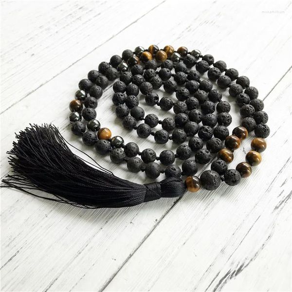 Colliers pendants Hematite Lava Stone Tiger Eye Collier à main Prière nouée Perles noires Men's Yoga Mala Tassel