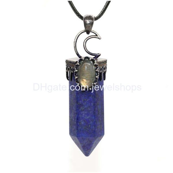 Colliers pendentifs Colonne hexagonale Gemstone Antique Sier Plaqué Demi-Lune Accessoire Plus Collier de perles de labradorite avec cuir noir Co Dhbyo