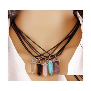 Pendentif Colliers Colonne Hexagonale Collier En Pierre Naturelle Beau Pendentif En Cristal Avec Chaîne En Cuir Pu Colorf Femmes Fine Jewelry Dr Dhmrd