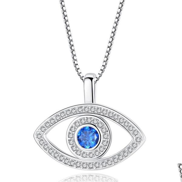 Pendentif Colliers Haute Qualité Bleu Mauvais Œil Collier Bling Cubic Zirconia Cz Sier Boîte Chaînes Pour Femmes Mode Turquie Bijoux Cadeau Dhfnp