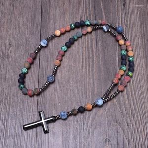 Colliers pendentifs collier chapelet Christ catholique de haute qualité 8mm Picasso pierre noir Onyx hématite croix pour noël