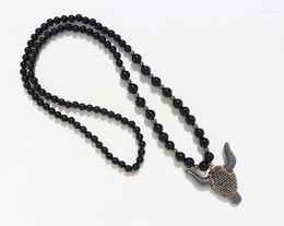 Hanger kettingen hoogwaardige mode mode zwarte steen kraal hematiet trendy tauren ketting overdreven lange stierhoorn kristal