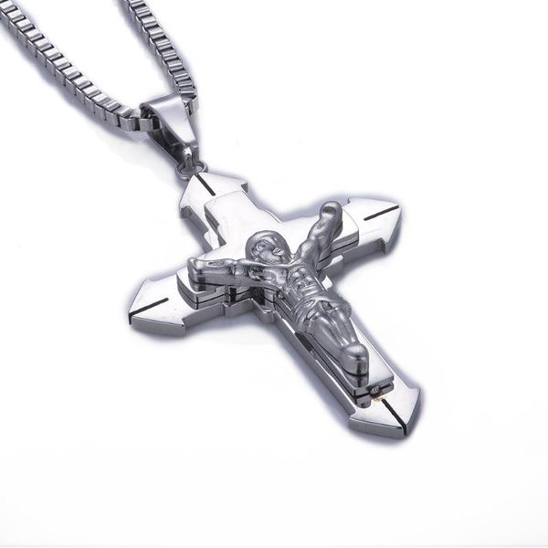 Colliers pendentifs Collier croix de jésus de haute qualité 60CM 70CM chaîne gratuite déclaration prière en acier inoxydable couleur argent orPendentifs colliers