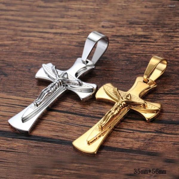 Pendentif Colliers Haute Qualité Punk Acier Inoxydable Couleur Argent / Or Croix Jésus Crucifix Collier Hommes Femmes Boîte Chaîne 24 