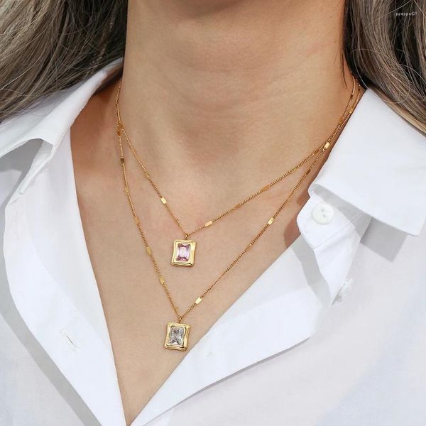 Collares colgantes de alta calidad rectangular circón cristal impermeable acero inoxidable chapado en oro collar de cadena para mujeres