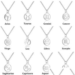 Pendentif Colliers Haute qualité en acier inoxydable 12 zodiaque Constellation pendentif colliers pour femmes hommes forme ronde Sier couleur à la mode L Dh4Yj