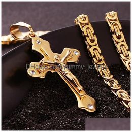 Hangerkettingen Hoge kwaliteit roestvrijstalen kruiskettingen Mti-laag Christian Jesus Crucifix Hanger Gouden Bikerketting voor heren Hi Dhtha