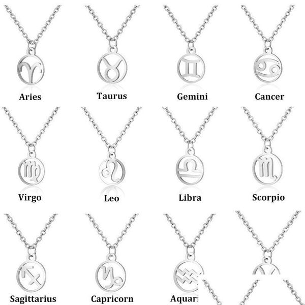 Pendentif Colliers Haute qualité en acier inoxydable 12 zodiaque Constellation pendentif colliers pour femmes hommes forme ronde Sier couleur à la mode L Dh4Yj