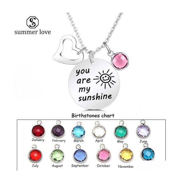 Pendentif Colliers Haute Qualité Vous Êtes Mon Soleil 12 Couleurs Pierre De Naissance Coeur Charme Collier Pour Femmes Filles Sier Placage Chaîne Fashi Dhqfr