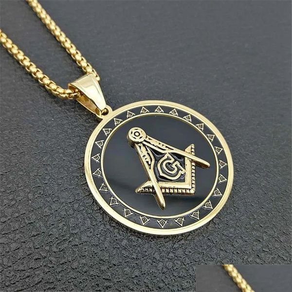 Collares colgantes Hip Hop 14K Oro amarillo Símbolo masónico Collares Colgantes para mujeres / hombres Color Mason Joyería de moda Entrega de gota Je Dhkfg