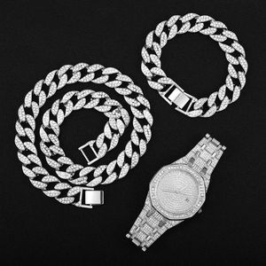 Pendentif Colliers Hip Hop 15MM 3PCS KIT Argent Couleur Montre Collier Bracelet Bling Cristal Glacé Cubain Strass Chaînes Pour Hommes Bijoux