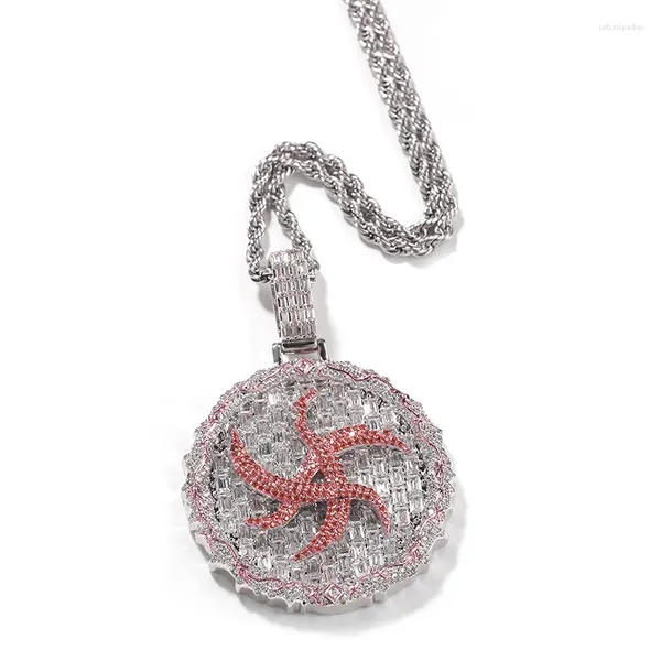 Hip Hop 3A CZ pierre pavée Bling glacé Rune et coeur motif pendentifs ronds collier pour hommes rappeur bijoux couleur or