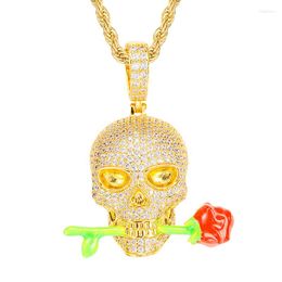 Hanger kettingen hiphop 5a cz stenen verharde bling iced out cool lumineuze skeletschedel met rozenhangers ketting voor mannen rapper sieraden