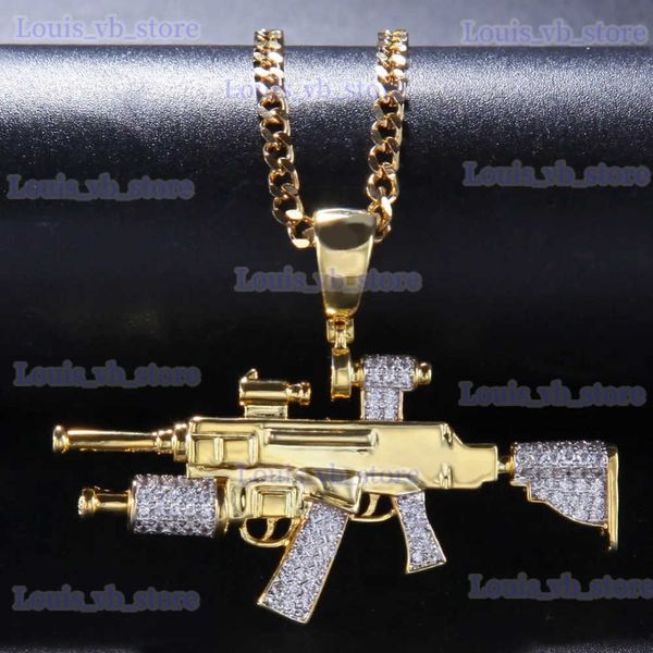 Pendentif Colliers Hip Hop AAA CZ pierres pavé Bling glace sur fusil de Sniper CS GO pistolet pendentifs collier pour hommes rappeur bijoux couleur or cadeau T240330