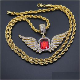 Pendentif Colliers Hip Hop Angel Wings avec grand collier de pierre rouge 76cm chaîne de corde strass incrusté aile collier hommes femmes glacé Dhhoi