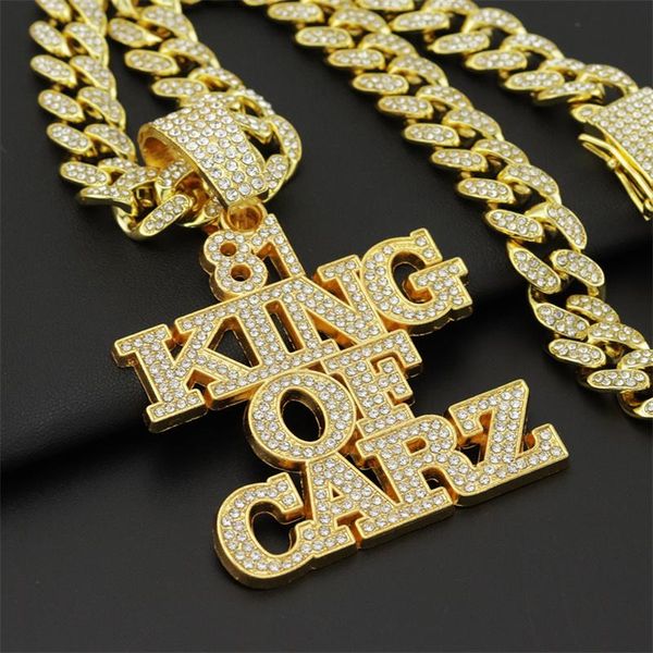 Colliers pendants Hip Hop Big Crystal 81 King of Carz Collier avec Iced Out Bling 13 mm Largeur Miami Cuban Chain Fashion Charm