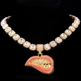 Collares pendientes Hip Hop Bite Lip Shape Collar para hombres mujeres Iced Out Bling Crystal Cuban CZ Chain Link Moda Rock Jewelry