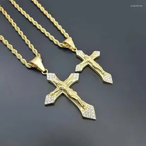 Colliers pendants hip hop bling glacé out or couleur or acier inoxydable inri crucifix jesus croix collier pour hommes bijoux