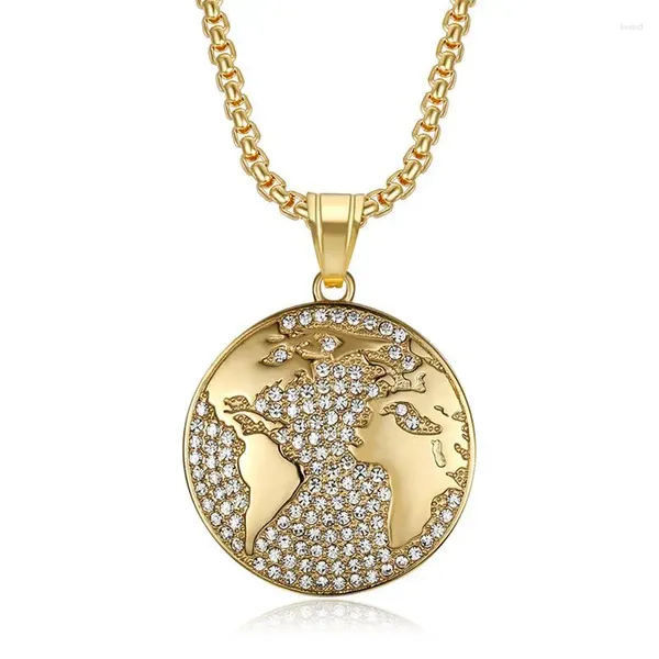 Pendentif Colliers Hip Hop Bling Glacé Strass En Acier Inoxydable Terre Ronde Pendentifs Collier Pour Hommes Rappeur Bijoux Goutte