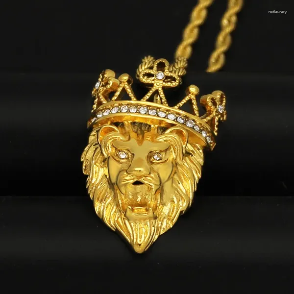 Collares colgantes Hip Hop Bling Iced Out Corona de acero inoxidable León Animal Collar para hombres Rapero Joyería Gota