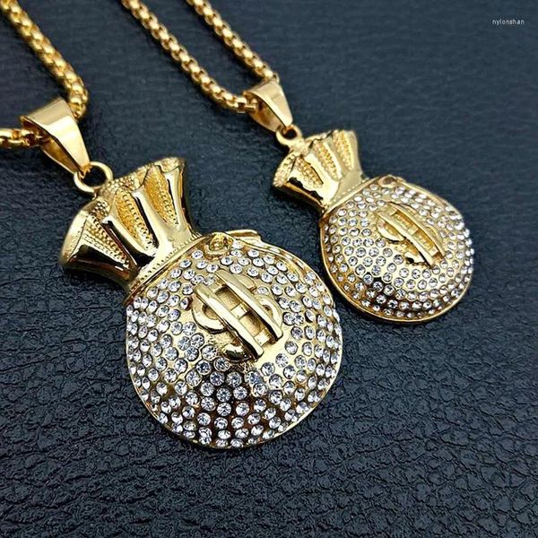 Hip Hop Bling glacé couleur or 316L en acier inoxydable Euro Dollars sac d'argent pendentifs collier pour hommes rappeur bijoux