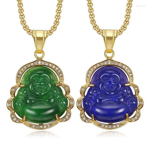 Pendentif Colliers Hip Hop Bling Glacé Couleur Or En Acier Inoxydable Rire Bouddha Maitreya Collier Pour Hommes Rappeur Bijoux