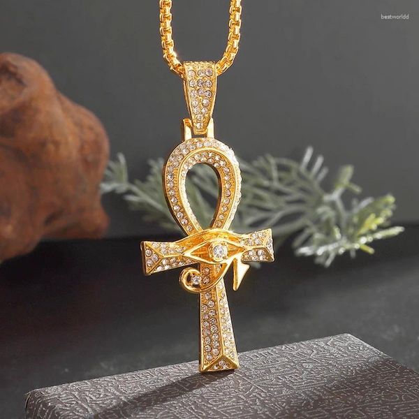 Collares colgantes Hip Hop Bling Iced Out Zircon Antiguo Egipto Ankh Clave de la vida Collar Moda Retro Amuleto Joyería Hombres y mujeres