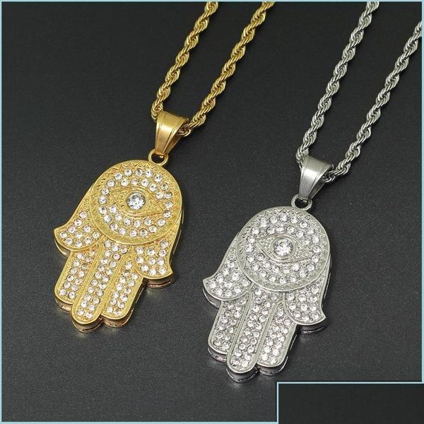 Collares pendientes Hip Hop Bling Jewelry Iced Out Cool Boy Collar para hombre Hamsa Hand Gold Sier Plated Cz Cubic Zirconia Hiphop Drop Deli Dhljk