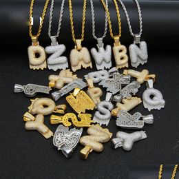 Collares pendientes Hip Hop Bubble Drip Iniciales Letras Collar Bling Cubic Zircon Cz Drop Alfabeto Twisted Rope Chain Para Hombres Mujeres Dhd7G