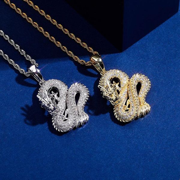 Collares pendientes Hip Hop Ajuste de garra Cubic Zirconia Bling Iced Out Shenlong Dragon Colgantes para hombres Rapper JewelryPendant PendantPendant P