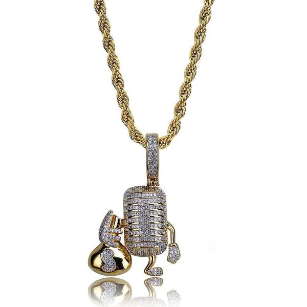 Pendentif Colliers Hip Hop Cuivre Microphone Tenant Un Sac D'argent Glacé Cubic Zircon Collier Hommes Bijoux Avec Corde Chaîne Drop Delive Dhj0V