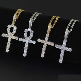 Collares pendientes Hip Hop Cruz Diamantes Para Hombres Mujeres Regalo Collar de lujo Joyería Chapado en oro Cobre Circonitas Cadena de eslabones cubanos Gota Dhw9X
