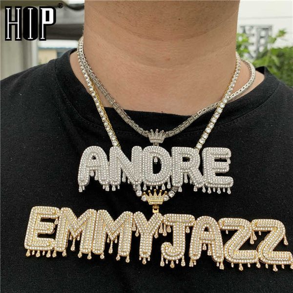 Pendentif Colliers Hip Hop Nom Personnalisé Cubic Zircon Couronne Goutte À Goutte Glacé Bulle Lettres Chaîne Pendentifs Colliers Pour Hommes Bijoux Cubain Tennis Chaîne T230413