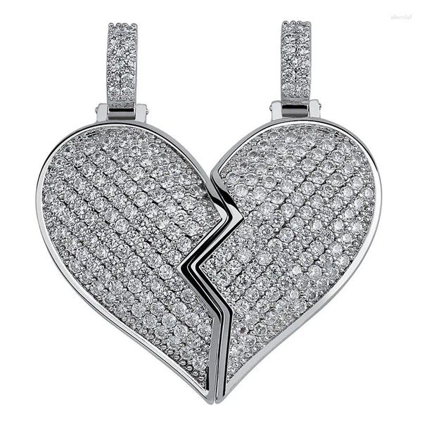 Pendentif Colliers Hip Hop CZ Zircone Cubique Bling Out Coeur Brisé Deux BFF Pendentifs Collier Hommes Rappeur Bijoux Avec 24 