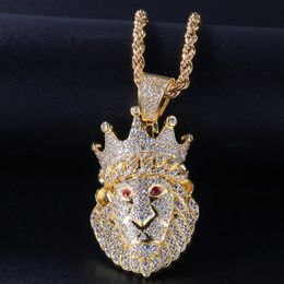 Pendentif Colliers Hip Hop CZ Zircon Pavé Bling Glacé Couronne Lion Animal Pendentifs Collier Pour Hommes Rappeur Bijoux Or Couleur Goutte Collier