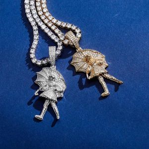 Hangende kettingen hiphop cz zirkoon geplaveid bling ijsje uit meisje met een paraplu hangers ketting voor mannen rapper sieraden drop