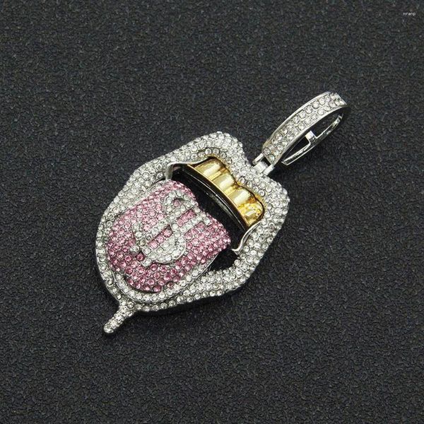 Collares colgantes Hip hop Dólar mordida rosa forma de labio Collar de tenis de tenis para mujeres con joyería de enlace cubano de brillo