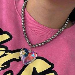 Pendentif Colliers Hip Hop Egirl Transparent Verre Coeur Collier Pour Femmes Unisexe Minimaliste Cool Perles Chaîne Tendance Bijoux Cadeaux