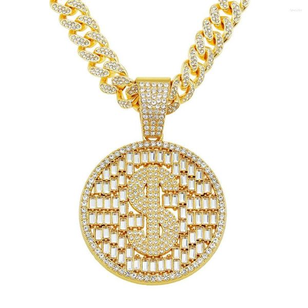 Pendentif Colliers Hip Hop Plein Strass Cubain Lien Chaîne Or Argent Couleur Rond Dollar Signe Collier Pour Hommes Femmes Rappeur Bijoux Cadeau