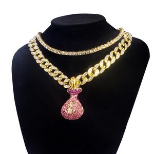 Pendentif Colliers Hip Hop Gold Lucky Bag 18 Full Iced Out CZ Miami Chaîne Cubaine 1 Rangée 16 Tennis Hommes Collier Bijoux173s