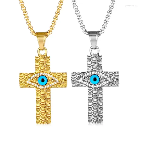 Collares colgantes Hip Hop Oro Plata Color Acero inoxidable El ojo del mal Cruz Colgantes para hombres Joyería Gota