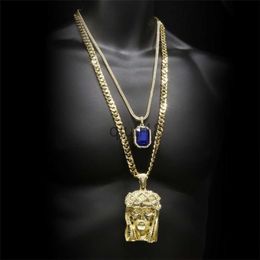 Collares colgantes Hip Hop Coronado de oro Cabeza de Jesús Colgante Iced Out Square Gem Crystal Necklace Set Cadena cubana x0909
