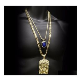 Hanger kettingen hiphop gouden gekroonde Jezus kop ijskoud vierkante edelsteen ketting ketting set Cubaanse ketting drop levering sieraden pendan dhwb3