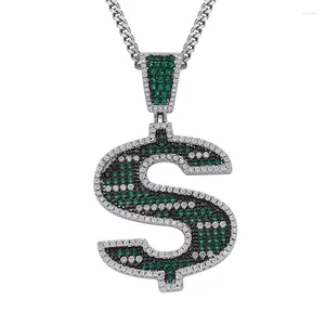 Collares colgantes Hip Hop verde CZ piedra pavimentada Bling Iced Out dólar estadounidense signo de dinero colgantes collar para hombres joyería de rapero