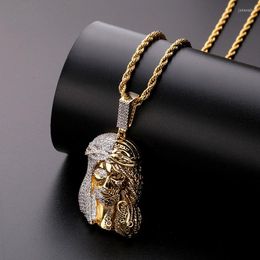 Hangende kettingen hiphop half mechanisch gezicht cz zirkoon geplaveid bling iced out Jezus stuk hangers ketting voor mannen rapper sieraden