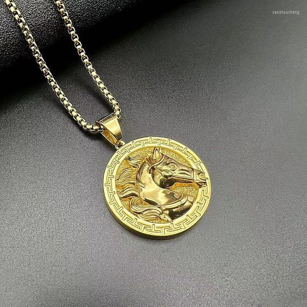 Pendentif Colliers Hip Hop Cheval Tête Ronde Or Couleur Pendentifs Pour Femmes Hommes En Acier Inoxydable 316L Bijoux