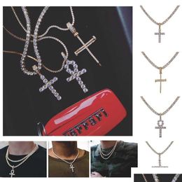 Hip Hop glacé Ankh croix pendentif collier 4Mm chaîne De Tennis Micro pavé Cz pierres chaînes en or pour hommes Ilkux Drop De Dhnek